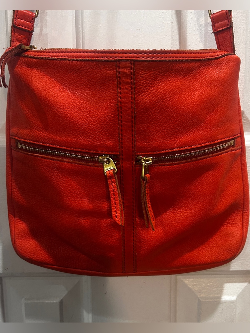 Fossil Bright Orange Leather Crossbody with Dual Zip Pockets